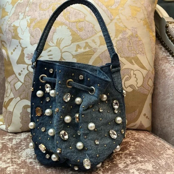 Embellished Denim Bucket Bag - Picture 1 of 4
